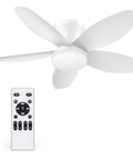 35 Inch Flush Mount Ceiling Fan With Led Light And Remote Control Clean White Low Profile Frame For Tight Space Nurseries And Studios showing the fan and remote.