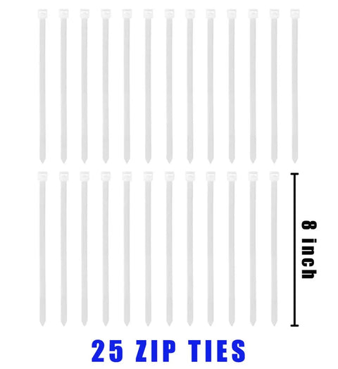 Heavy Duty Emergency Shower And Eye Wash Test Record Tags, Tough As Nails Double Sided Safety Compliance Holders With Solid Brass Grommets, Pack Of Twenty Five shown in a layout with 25 zip ties, 8 inches long.