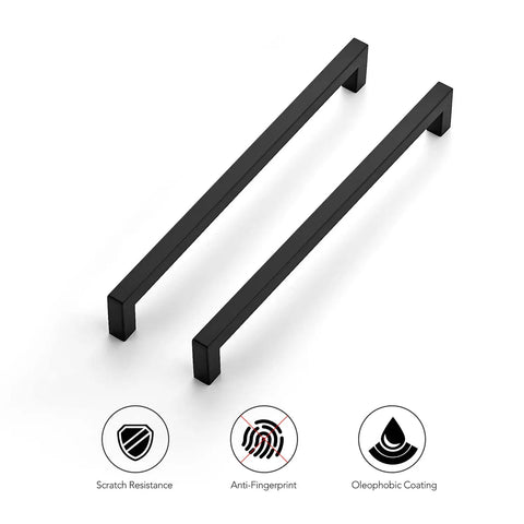 Top view of 12 Pack 10 Inch Square Kitchen Cabinet Handles Matte Black Pulls with scratch resistance and anti-fingerprint features.