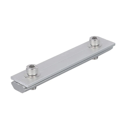 Aluminum Solar Rail Connector Kit For PV Modules, T Profile silver mount bracket, close-up of adjustable clamp, 4 Pack.