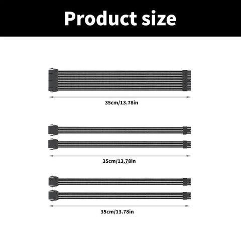 Heavy Duty 18AWG Sleeved Power Cable Extension Cord Set With 24Pin Motherboard Pcie Gpu And Cpu Connectors size chart showing lengths.
