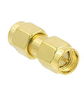 SMA Male To SMA Male Coaxial Connectors 50 Ohm RF Adapters Kit, gold plated brass with PTFE insulation, single connector view.