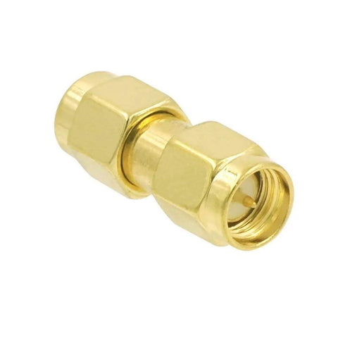 SMA Male To SMA Male Coaxial Connectors 50 Ohm RF Adapters Kit, gold plated brass with PTFE insulation, single connector view.