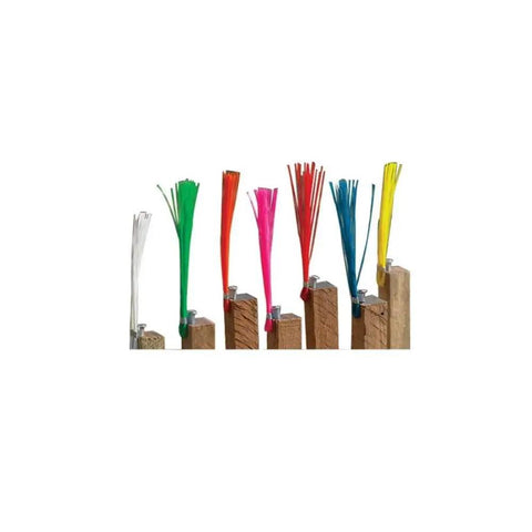 Colorful wire whiskers attached to wood stakes, showing diversity in the Six Inch Orange Wire Whiskers Bulk Pack 500 Durable Brightly Colored.
