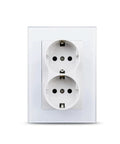 Sleek Dual European Wall Socket Featuring Heavy Duty Tempered Glass Panel And Built In Child Safety Shutters Slick Gold Plate for modern interiors.