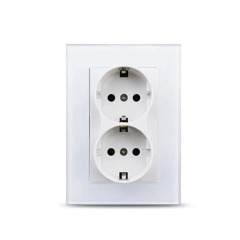 Sleek Dual European Wall Socket Featuring Heavy Duty Tempered Glass Panel And Built In Child Safety Shutters Slick Gold Plate for modern interiors.