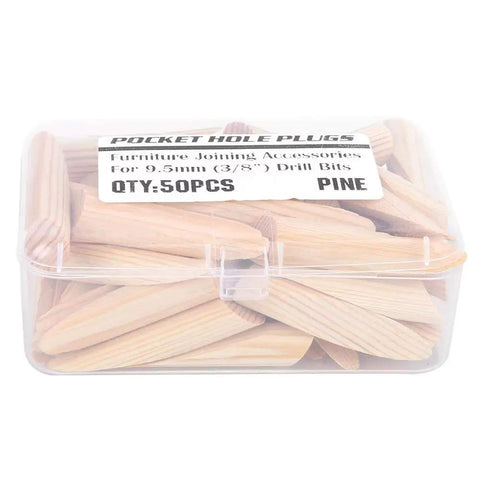 Woodworking Pocket Hole Plugs Kit 50 Pcs Pine Wood Plugs With Inclined Drilling Locator visible inside clear plastic box