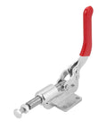 Solid Workpiece Hold Vertical Toggle Clamp With Push Pull Action, Heavy Duty Hand Latch For Welding Riveting Sheet Metal And Circuit Boards, Quick Fixed Grip That Rocks. red-handled galvanized steel toggle clamp with push-pull screw, angled view