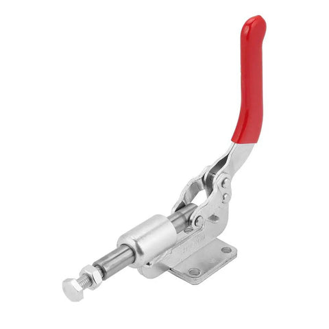 Solid Workpiece Hold Vertical Toggle Clamp With Push Pull Action, Heavy Duty Hand Latch For Welding Riveting Sheet Metal And Circuit Boards, Quick Fixed Grip That Rocks. red-handled galvanized steel toggle clamp with push-pull screw, angled view