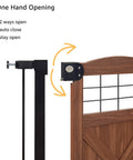 Top Shelf Farmhouse Wood Dog Gate With Sliding Barn Door Style Adjusts From 29 To 40 Inches For Dogs showing one hand opening mechanism.