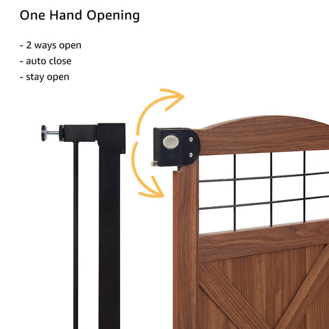 Top Shelf Farmhouse Wood Dog Gate With Sliding Barn Door Style Adjusts From 29 To 40 Inches For Dogs showing one hand opening mechanism.