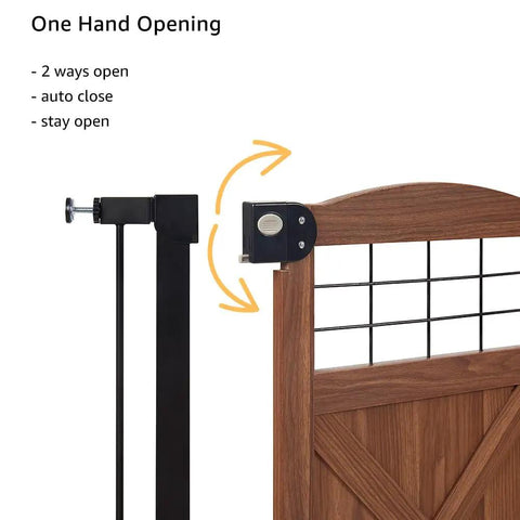 Solid Wood Farmhouse Barn Door Dog Gate Gliding Smooth Operator Style adjustable one hand opening mechanism for easy access.