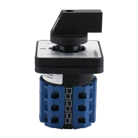 Heavy Duty 3-Position Changeover Switch For Motor Reversing And Generator Transfer, 12 Terminal, 1-0-2 On-Off-On Selector, 20A 660V Industrial Power Control with blue terminal base.