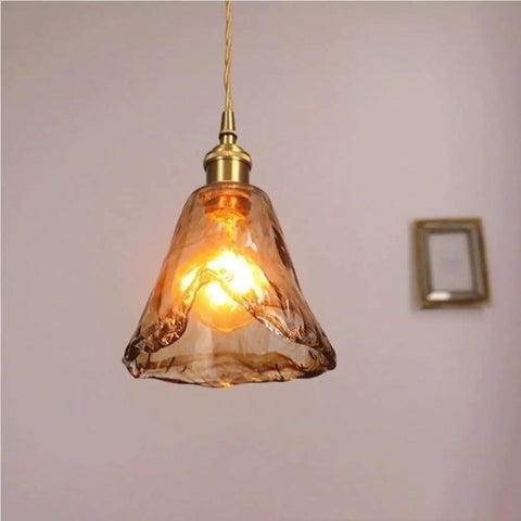 Pendant Light Amber Wavy Glass Shade Vintage Brass Hanging Lamp E26 Adjustable Cable Ceiling Fixture for Kitchen Island Bedroom Dining Room Entryway with warm glow