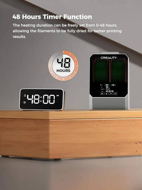 Upgraded Space Pi Filament Dryer Plus Dual Roll Dry Box timer feature for 3D printers, showing 48-hour heating duration setting