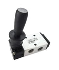 Five Way Pneumatic Air Valve With Hand Lever, One Quarter Inch Inlet, Two Position, Five Port, Manual Control, Aluminum Body, 8mm Fittings