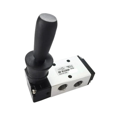 Five Way Pneumatic Air Valve With Hand Lever, One Quarter Inch Inlet, Two Position, Five Port, Manual Control, Aluminum Body, 8mm Fittings