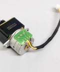 Front view of a 15mm DC micro stepper motor with 18° full-metal gearbox and green PCB, wires attached.