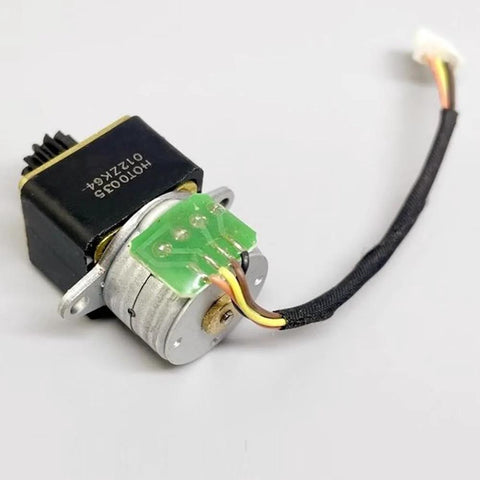 Front view of a 15mm DC micro stepper motor with 18° full-metal gearbox and green PCB, wires attached.