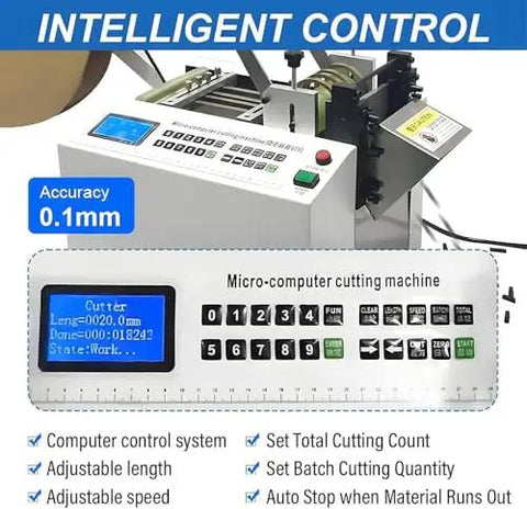 Automatic Heat Shrink And Fiberglass Tube Cutter with microcomputer control panel showing cutting accuracy and settings.