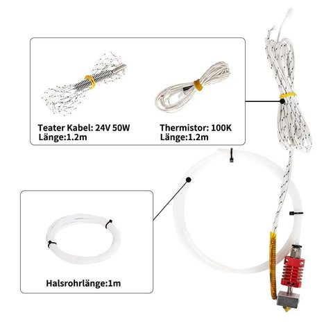 Extruder Hot End Kit With 0.4mm Nozzle And Aluminum Heating Block For 3D Printers, NTC 3950 100K Thermistor, 1M PTFE Tube, Compatible With X5SA X5SA Pro XY 2 Pro, 24V 50W Max 275C Anti Leak with heater cable, thermistor, and PTFE tube
