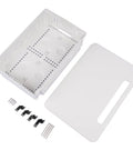 9 Inch In Wall TV Cable Management Box For Hidden Wires And Media Storage, showing box, cover, clips, and screws, white