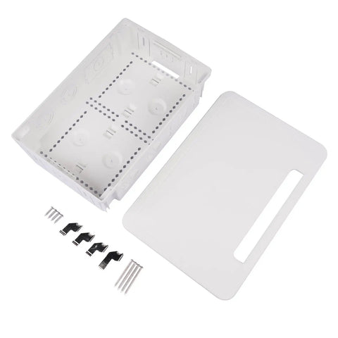 9 Inch In Wall TV Cable Management Box For Hidden Wires And Media Storage, showing box, cover, clips, and screws, white