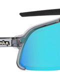 Cayman Blue Mirror Lens Wraparound Safety Glasses With Tight Grip Nose Pads And Flexible Arms shown from the side.