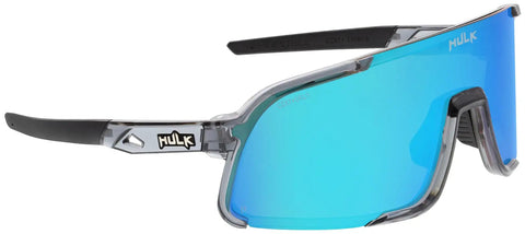 Cayman Blue Mirror Lens Wraparound Safety Glasses With Tight Grip Nose Pads And Flexible Arms shown from the side.