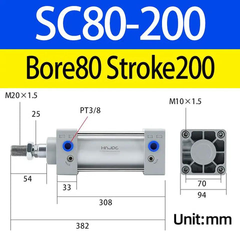 Heavy Duty Aluminum Pneumatic Cylinder Double Acting 80mm Bore And 200mm Stroke For Industrial Automation SC80X200 diagram