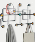 Slick Wall Mounted Coat Rack Door Hook Organizer with colorful accents, perfect for hanging headphones, towels, and bags.
