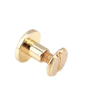 Built Tough Gold Chicago Screws, 20 Pack Heavy Duty Metal Rivets, close-up of a gold plated screw with slotted head.