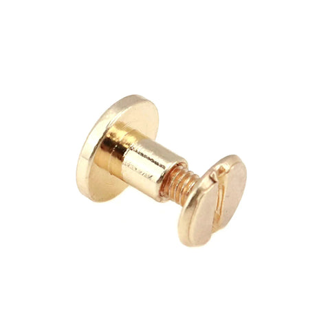 Built Tough Gold Chicago Screws, 20 Pack Heavy Duty Metal Rivets, close-up of a gold plated screw with slotted head.