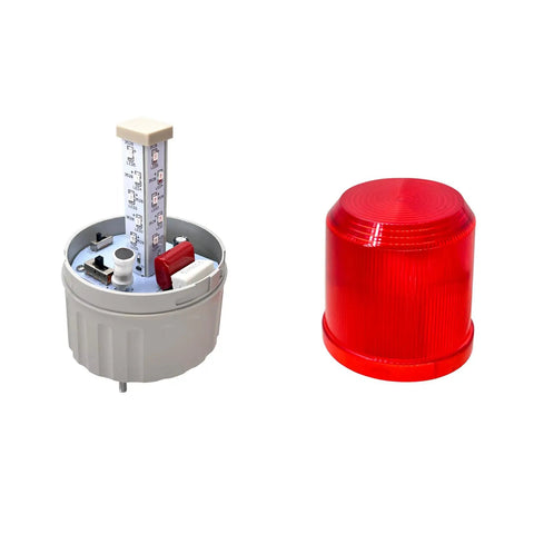 Internal components and red lens of Industrial LED Rotating Strobe Beacon Emergency Warning Light With Buzzer, 110V AC Revolving Signal Tower Lamp