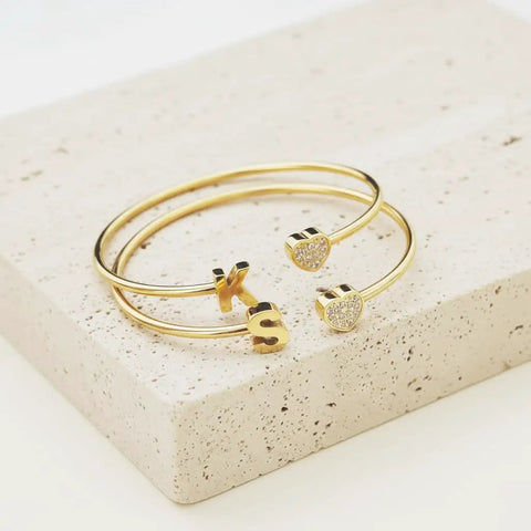 Personalized Dope Initial Letter Bangle For Women Gold Stainless Steel Heart Cuff With Zircon A To Z Name Pendant Jewelry