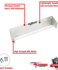 Wall Mounted Tie Down Hanger Rack For Enclosed Trailers And Garage Storage, Aluminum Organizer For Tie Downs, Ratchet Straps, Bungee Cords, And Spray Bottles, Made In USA, Silver, shown with hardware and warranty badge