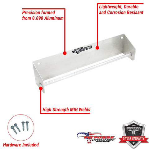 Wall Mounted Tie Down Hanger Rack For Enclosed Trailers And Garage Storage, Aluminum Organizer For Tie Downs, Ratchet Straps, Bungee Cords, And Spray Bottles, Made In USA, Silver, shown with hardware and warranty badge