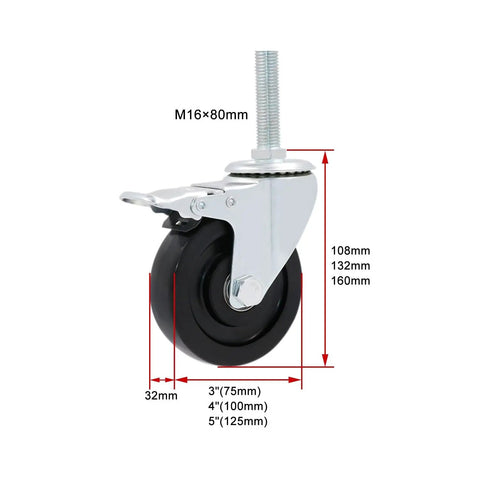 Heavy Duty Swivel Caster Wheels With Brake And Metric Threaded Stem Nylon Workbench Casters For Furniture Trolleys And Carts Rolling Plate Casters For Workshop And Garage Locking Wheels For Safer Quieter Maneuverability shown with dimensions