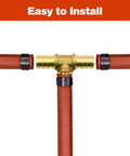 Brass tee fitting connecting red PEX tubing, highlighting 25 Pack One Half Inch PEX Fittings Tee Brass For PEX Tubing Pipe Quick Connects