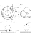 Rock Solid Marine Grade Aluminum Round Plate Ball Base Featuring Classic One Inch B Size Rubber Ball And Plug And Play Compatibility With Universal Four Hole AMPS Mount Brackets For Sweet Phone Mounts design drawing with dimensions.