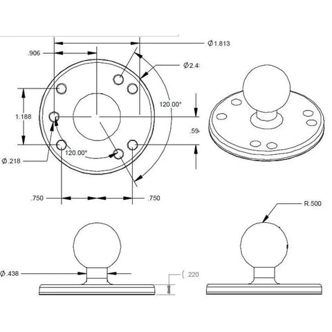 Rock Solid Marine Grade Aluminum Round Plate Ball Base Featuring Classic One Inch B Size Rubber Ball And Plug And Play Compatibility With Universal Four Hole AMPS Mount Brackets For Sweet Phone Mounts design drawing with dimensions.