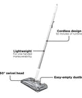 No Fuss Grab And Go Cordless Floor Sweeper Loaded With A Beefy 50 Minute Lithium Charge Built For Hardwood Carpet Tile And Wood Single Hand Glide Action features swivel head and easy-empty dustbin.