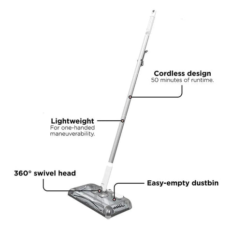 No Fuss Grab And Go Cordless Floor Sweeper Loaded With A Beefy 50 Minute Lithium Charge Built For Hardwood Carpet Tile And Wood Single Hand Glide Action features swivel head and easy-empty dustbin.