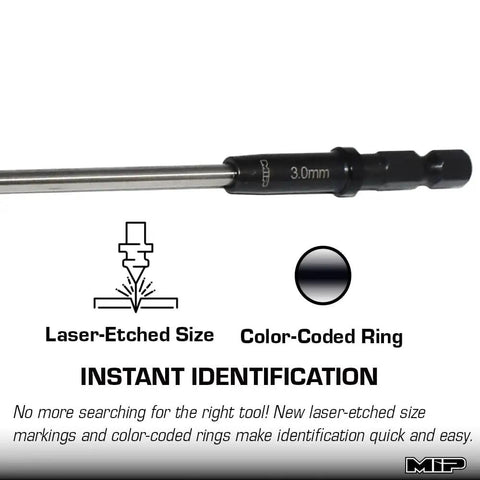 One Quarter Inch Hex Bit Three Millimeter Allen Wrench For RC Cars And Power Tools, laser-etched size and color-coded ring visible