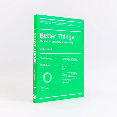 Side view of "Better Things" book about sustainable materials for product design by Daniel Liden on a white background.
