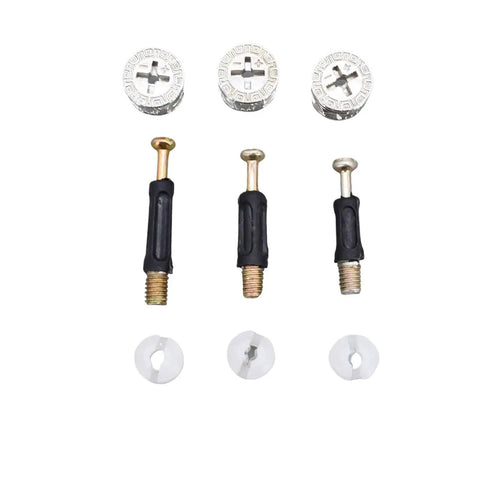 Cam Lock Connectors M6 Set For Flat Pack Furniture, 50 Or 100 Pieces Hidden Fastener Hardware with cam, screw bolt, caps shown