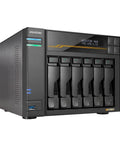 Badass Six Bay Network Attached Storage Featuring Amd Ryzen Quad Core Processor And 16Gb Ecc Ddr5 Memory With Single 1Tb Nvme Drive Plus Four M.2 Expansion Slots For Dual 10GbE And 5GbE Networking Alongside Fast Usb4 Ports For Next Level Data Archival, angled view showing front compartments.