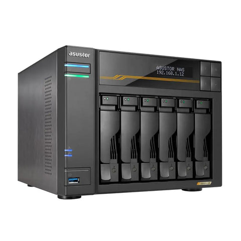 Badass Six Bay Network Attached Storage Featuring Amd Ryzen Quad Core Processor And 16Gb Ecc Ddr5 Memory With Single 1Tb Nvme Drive Plus Four M.2 Expansion Slots For Dual 10GbE And 5GbE Networking Alongside Fast Usb4 Ports For Next Level Data Archival, angled view showing front compartments.