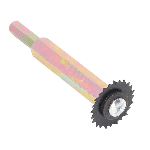 PVC Pipe Internal Cutter For Tight Spaces Built Tough Metal Construction Heavy Duty Cutting Tool Set DIY Friendly Includes Internal Cutter Grinding Wheel Connecting Rod and Six Saw Blades For Plumbing Projects image showing metal connecting rod with attached saw blade.