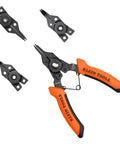 6-In-1 Convertible Snap Ring Pliers Set with four interchangeable heads for internal and external rings, pro-grade tool view